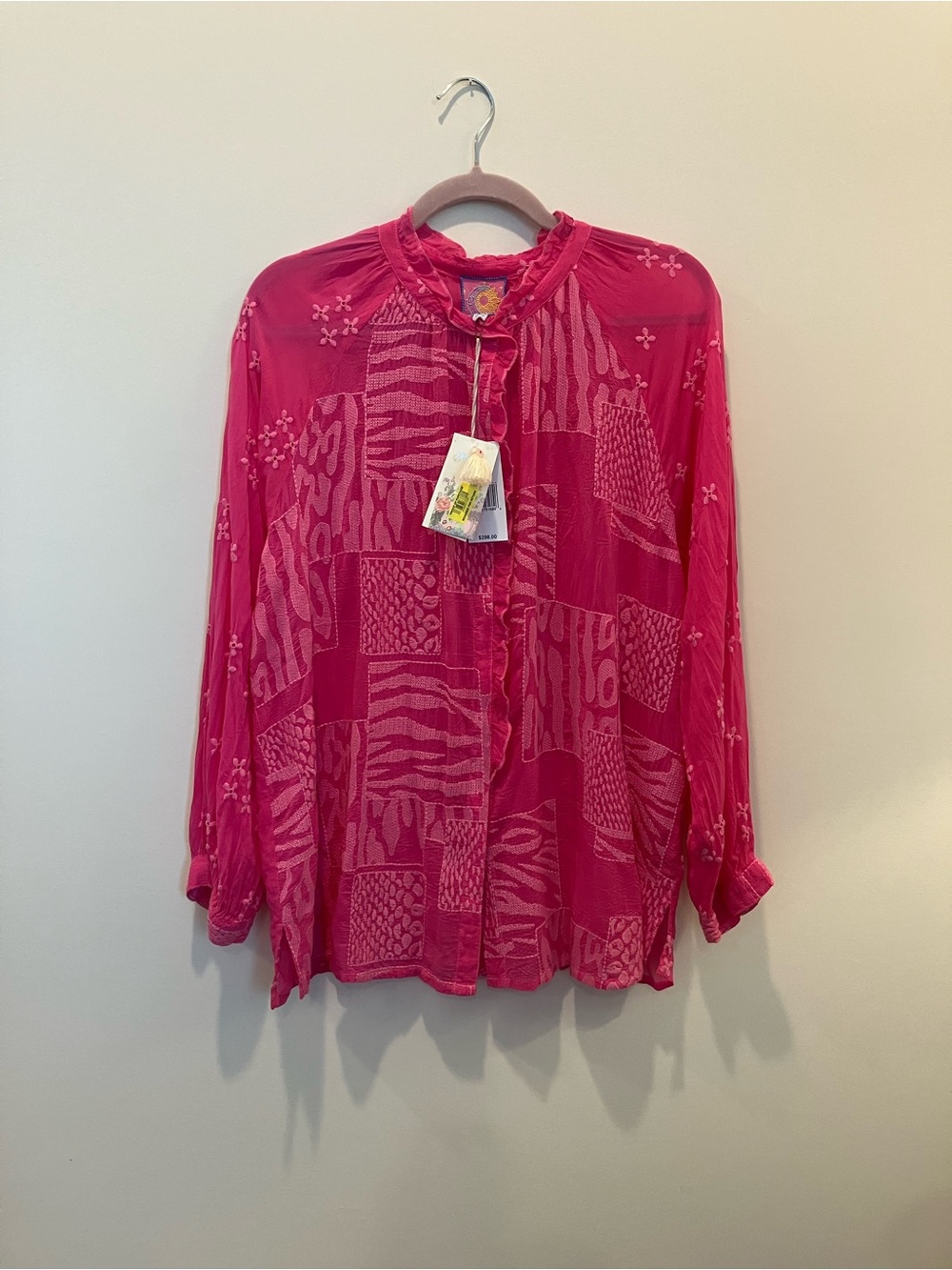 Johnny Was Hot Pink Patterned Long-Sleeve Blouse. NWT